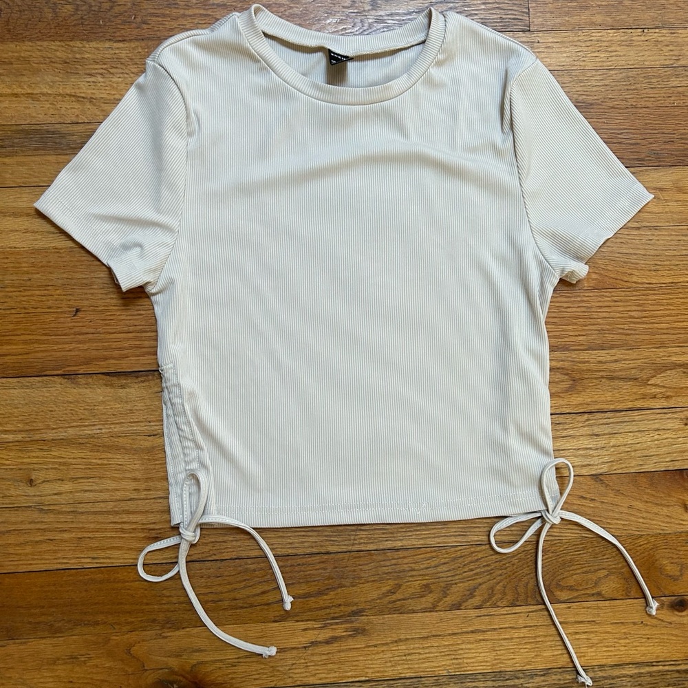 SHEIN Cream Short Sleeve Top with Side Ties